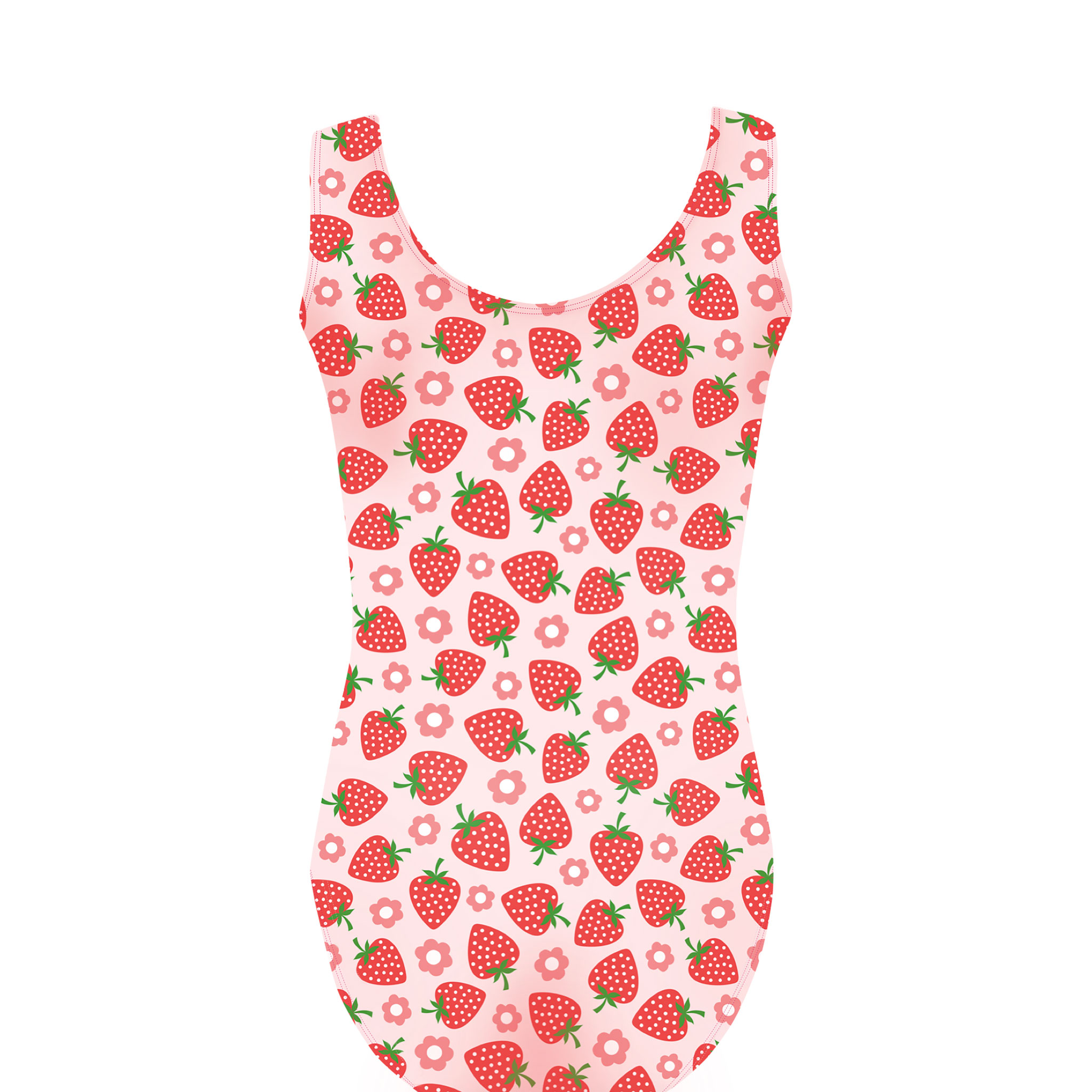 Back of leotard with pink and red strawberries. Cute stylish leotard for girls gymnastics