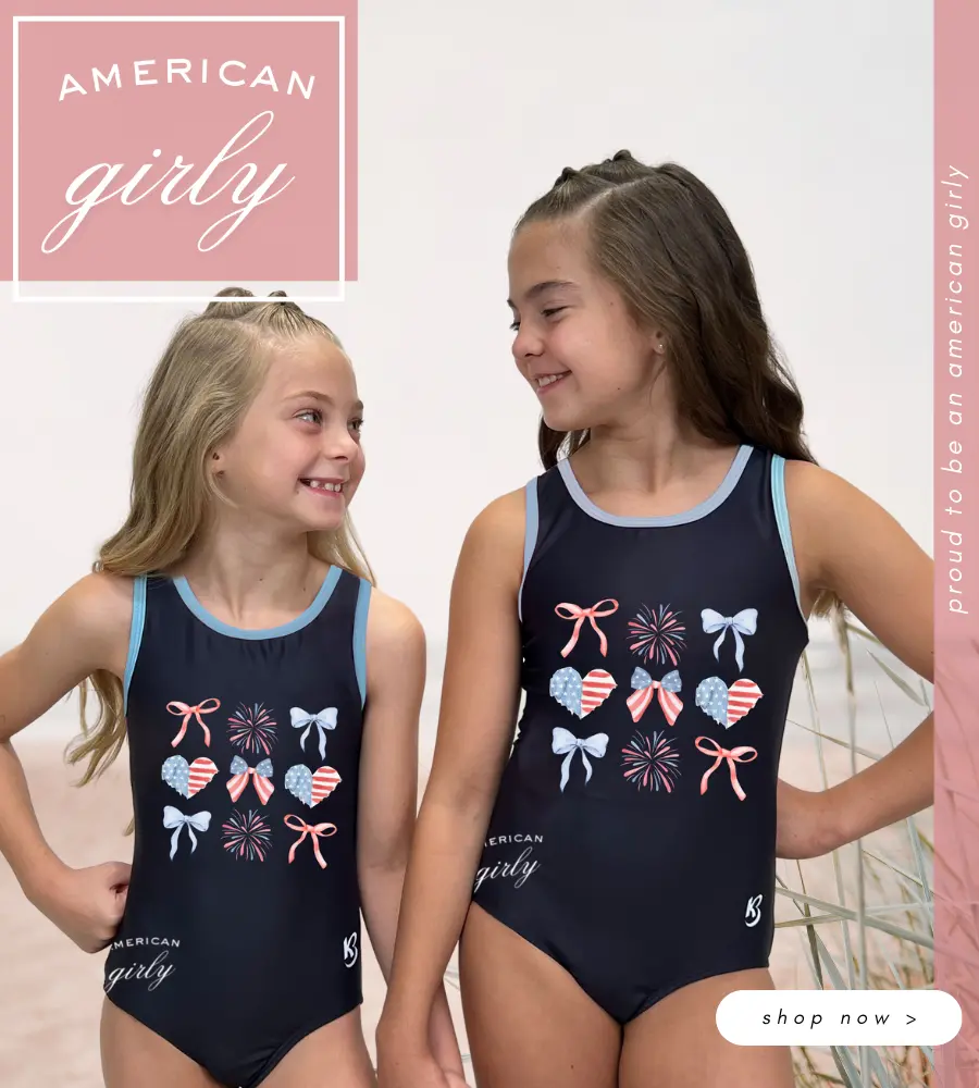 girls gymnastics leotards by k-Bee Leotards, red white and blue leotards, shop 4th of july gymnastics leotards, sale leotards
