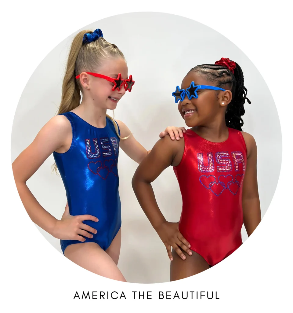 Girls Red and Blue Sparkly USA gymnastics leotards