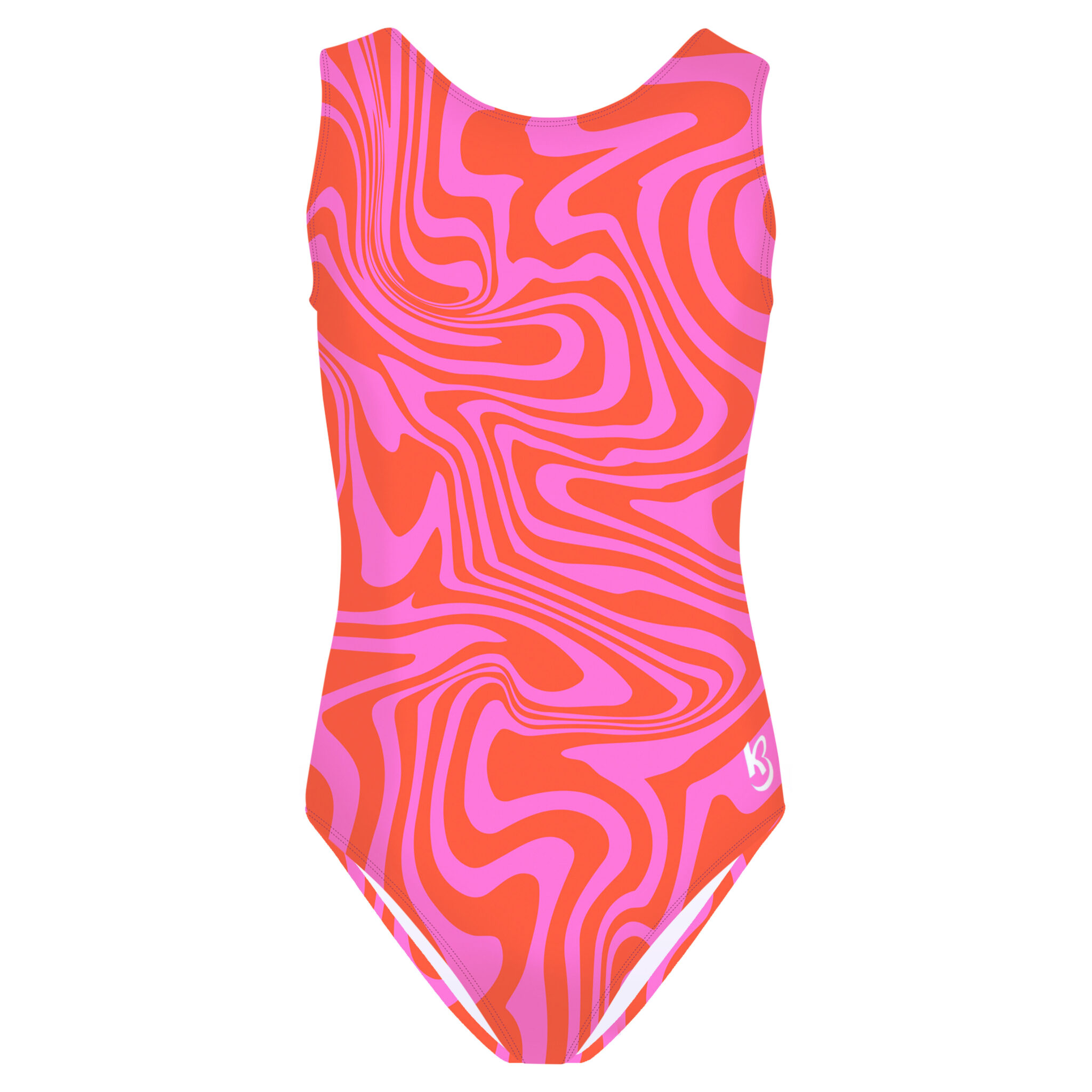 Strawberry Taffy pink and orange marble swirl gymnastics leotard front view