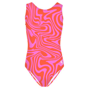 Strawberry Taffy pink and orange marble swirl gymnastics leotard front view
